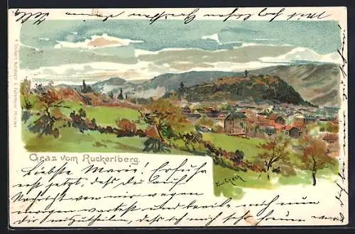 Lithographie Graz, Ortsansicht vom Ruckerlberg gesehen