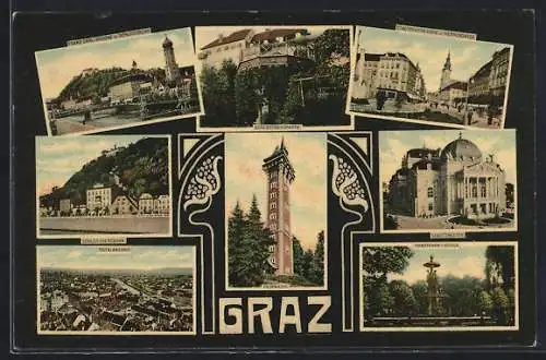 AK Graz, Franz Carl-Brücke und Schlossberg, Stadtpfarrkirche und Herrengasse, Schlossbergbahn, Stadttheater