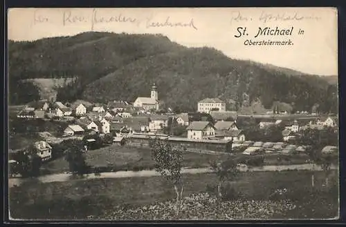 AK St. Michael /Obersteiermark, Ortsansicht mit Fluss und Berg