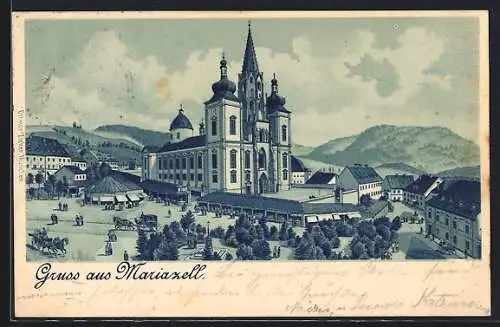 Lithographie Mariazell, Teilansicht mit Kathedrale