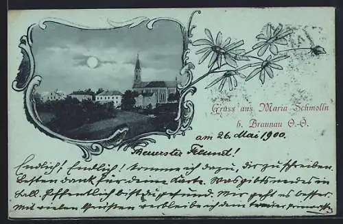 Mondschein-AK Maria Schmolln b. Braunau, Ortspartie mit Kirche