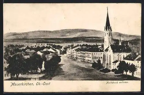 Künstler-AK Mauerkirchen /Ob.-Oest., Strassenpartie mit Kirche