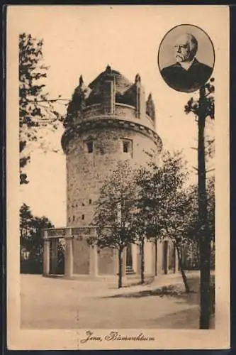 AK Jena, Bismarckturm mit Portrait von Bismarck