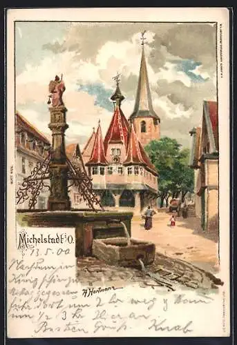 Lithographie Michelstadt i. O., Passanten auf dem Marktplatz mit Brunnen