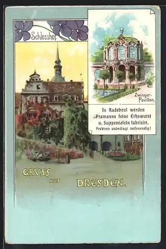 Lithographie Dresden, Schlosshof, Zwinger-Pavillon