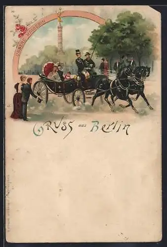 Lithographie Berlin-Tiergarten, Siegessäule und Kaiserin im Pferdewagen