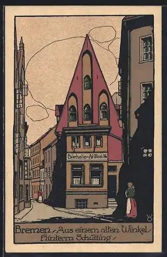 Steindruck-AK Bremen, Strassenpartie hinterm Schütting