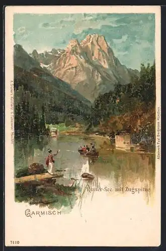 Künstler-AK Garmisch, Risser-See mit Zugspitze, Leute im Ruderboot, Frau am Ufer