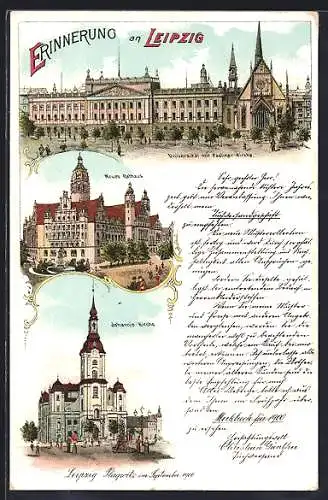Lithographie Leipzig, Universität, Neues Rathaus, Johannis Kirche