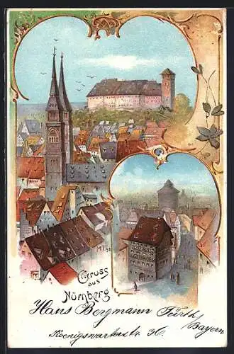 Lithographie Nürnberg, Blick auf die Burg, Dürerhaus