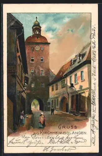 Lithographie Kirchheimbolanden, Strassenpartie mit Tor-Uhrenturm