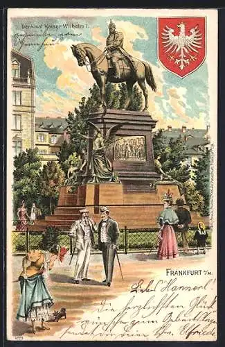 Lithographie Frankfurt, Denkmal Kaiser Wilhelm I., Wappen