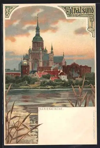 Lithographie Stralsund, Marienkirche vom Wasser aus