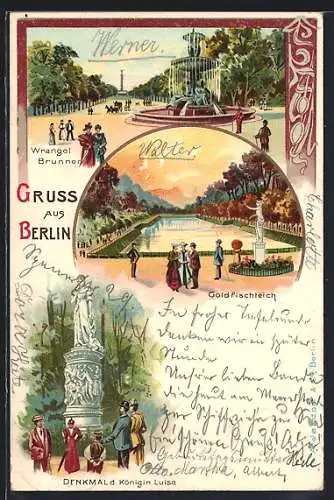 Lithographie Berlin-Tiergarten, Wrangel Brunnen, Goldfischteich im Grossen Tiergarten