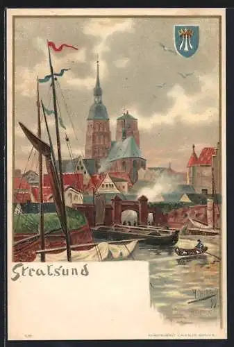 Lithographie Stralsund, Ortspartie mit dem Hafen