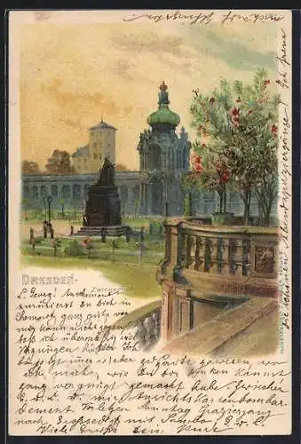 Lithographie Dresden, Zwingerhof mit Denkmal