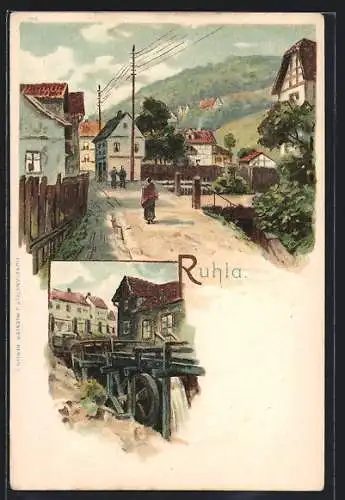 Lithographie Ruhla, Partie mit Wassermühle, Ortspartie
