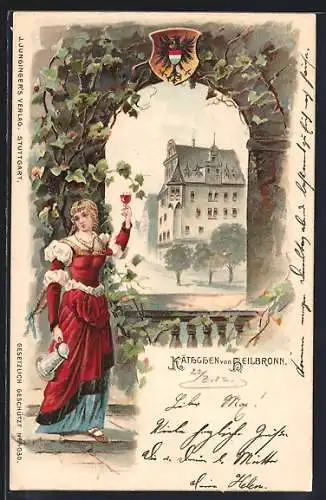 Lithographie Heilbronn, Käthchen von Heilbronn mit einem Weinglas, Wappen