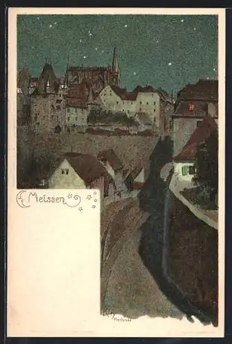 Künstler-AK Heinrich Kley: Meissen, Strassenpartie mit Häusern, Sternenhimmel