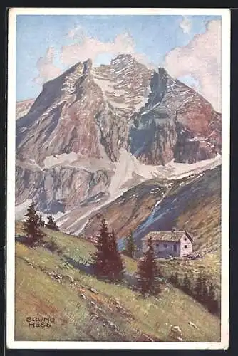 Künstler-AK Bruno Hess: Premtalerhütte mit dem Waldhorn-Nordgipfel