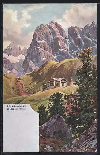 Künstler-AK Seis am Schlern, Dialers Seiseralpenhaus mit Fallwand
