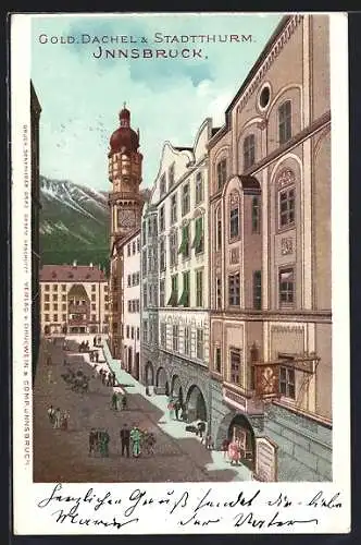 Lithographie Innsbruck, Gasthaus Gold. Dachel & Stadtturm