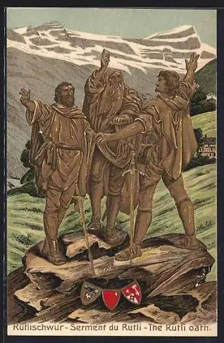 Künstler-AK Rütli, Rütlischwur mit Wappen