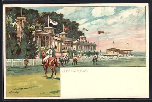 Künstler-Lithographie H. Junker: Iffezheim, Jockeys reiten zum Start, Pferdesport