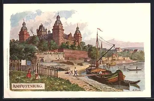 Künstler-AK Aschaffenburg, am Schloss