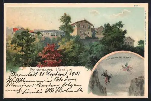 Lithographie Thale, der Sprung übers Bodethal, Hotel Rosstrappe