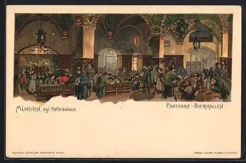 Lithographie München, kgl. Hofbräuhaus, Parterre Bierhallen