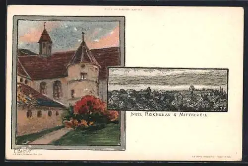 Künstler-Lithographie Carl Biese: Insel Reichenau, Klosterkirche u. Mittelzell