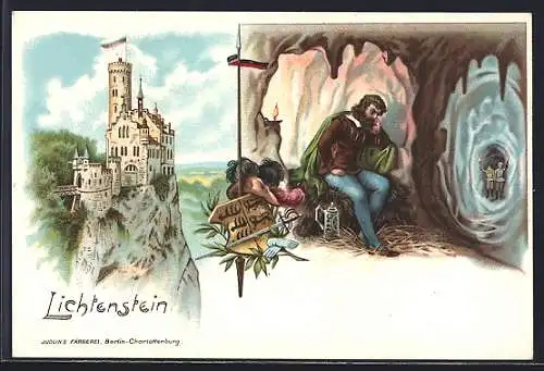 Lithographie Lichtenstein, Schloss Lichtenstein mit Nebelhöhle