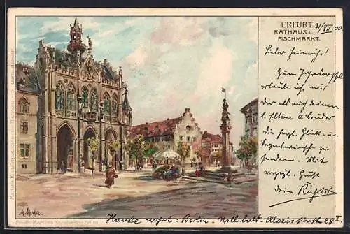 Lithographie Erfurt, Rathaus & Fischmarkt