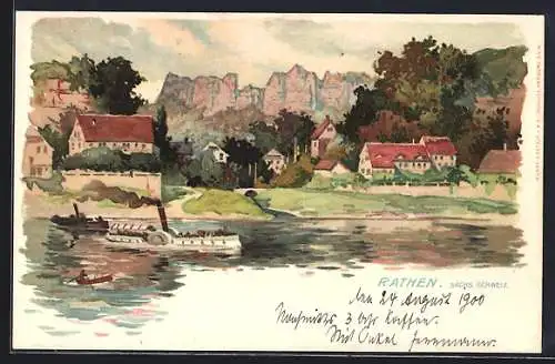 Lithographie Rathen / Sächs. Schweiz, Dampferpartie und Blick zur Bastei