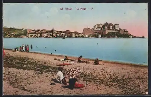 AK Calvi, La Plage mit Einheimischen
