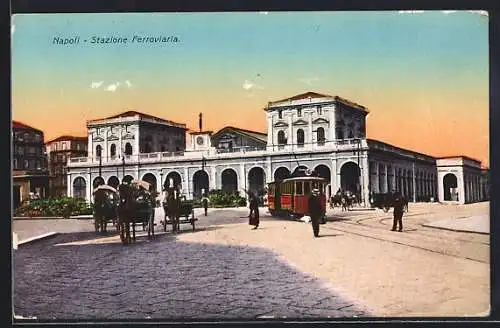 AK Napoli, Stazione Ferroviaria, Bahnhof, Strassenbahn, Pferdekutsche