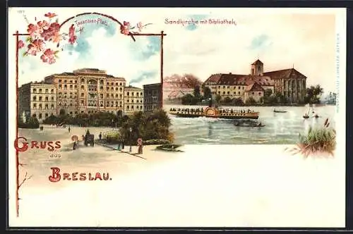 Lithographie Breslau, Sandkirche mit Bibliothek und Tauenzien-Platz