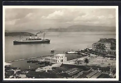 AK Corfu, Panorama mit Dampfer