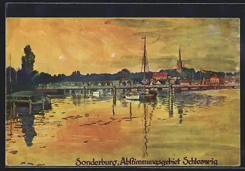 Künstler-AK Sonderburg, Ortspanorama mit der Kirche ein Segelboot an der Brücke