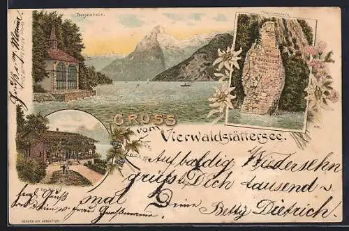 Lithographie Vierwaldstättersee, Tellskapelle, Schillerstein und Rütli