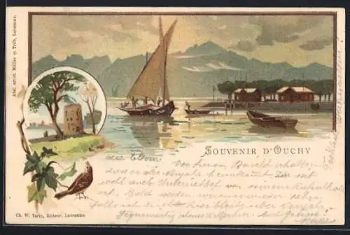 Künstler-AK Ouchy, Uferpartie mit Segelboot, Turm mit Baum