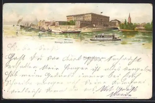 Lithographie Stockholm, Kongl. Slottet, Dampfer Saltsjöbadens