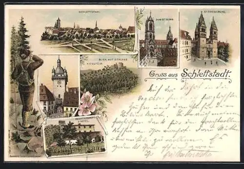 Lithographie Schlettstadt, Hochkönigsburg und Hotel, Neuer Turm, Dom-St. Georg