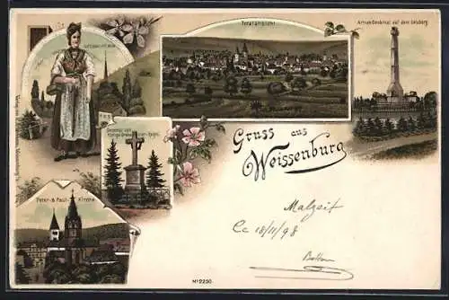 Lithographie Weissenburg, Peter & Paul Kirche, Armee-Denkmal, Seebacherin