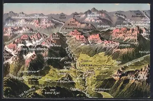 AK Cortina d`Ampezzo, Landkarte mit Umgebung und Bergbezeichnungen