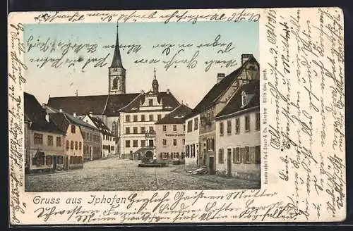 AK Iphofen, Platzansicht mit Gasthaus und Kirche