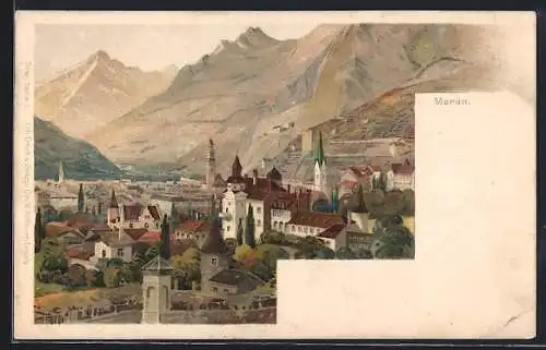 Lithographie Meran, Teilansicht mit Blick über die Dächer