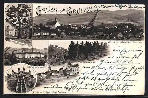 Lithographie Grulich, Blick über den Ort, Muttergottesberg, Kressenbrunn