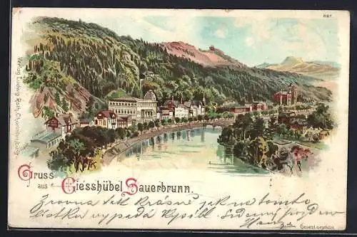 Lithographie Giesshübel Sauerbrunn, Ortsansicht neben Flusspartie